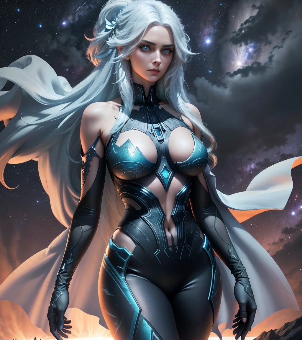 Realistic professional photos with super detail，full shot，full body lesbian，Straight lens，A lonely girl，blue hair，and blue eyes，long white hair，big round breasts，ton，posing in a，Stand aside，round ass，Straight ass，power pose，Oh hello，The best succubus，arrogant eyes，looking into the distance，Stay under the stars，Attention to detail，The background is a comet and a nebula，strong light，cinematic lighting，side lighting，Dark and detailed galactic background，8k， 4K（k hd： 1.1），USING YARN SWIMSUIT, BODY DE FIOS, LOW-CUT THREADS BODYSUIT, BELLY ON SHOW.