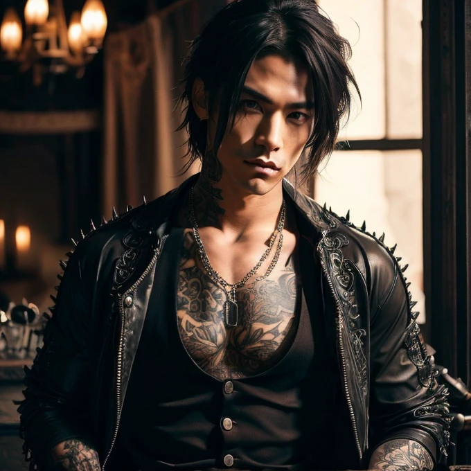 1 man, male, Japanese man, Visual Kai hairstyle, ultra detailed face and body, hyperrealistic, realistic representation, muscular, broad shoulders, tattoos gothic style, piercings, Visual Kei style, hairstyle Visual Kei, blond, long hair, 30 years old, age 30, outfit gothic streampunk, men's shirt and black pants, Asian eyes, eyes Asian, straight hair