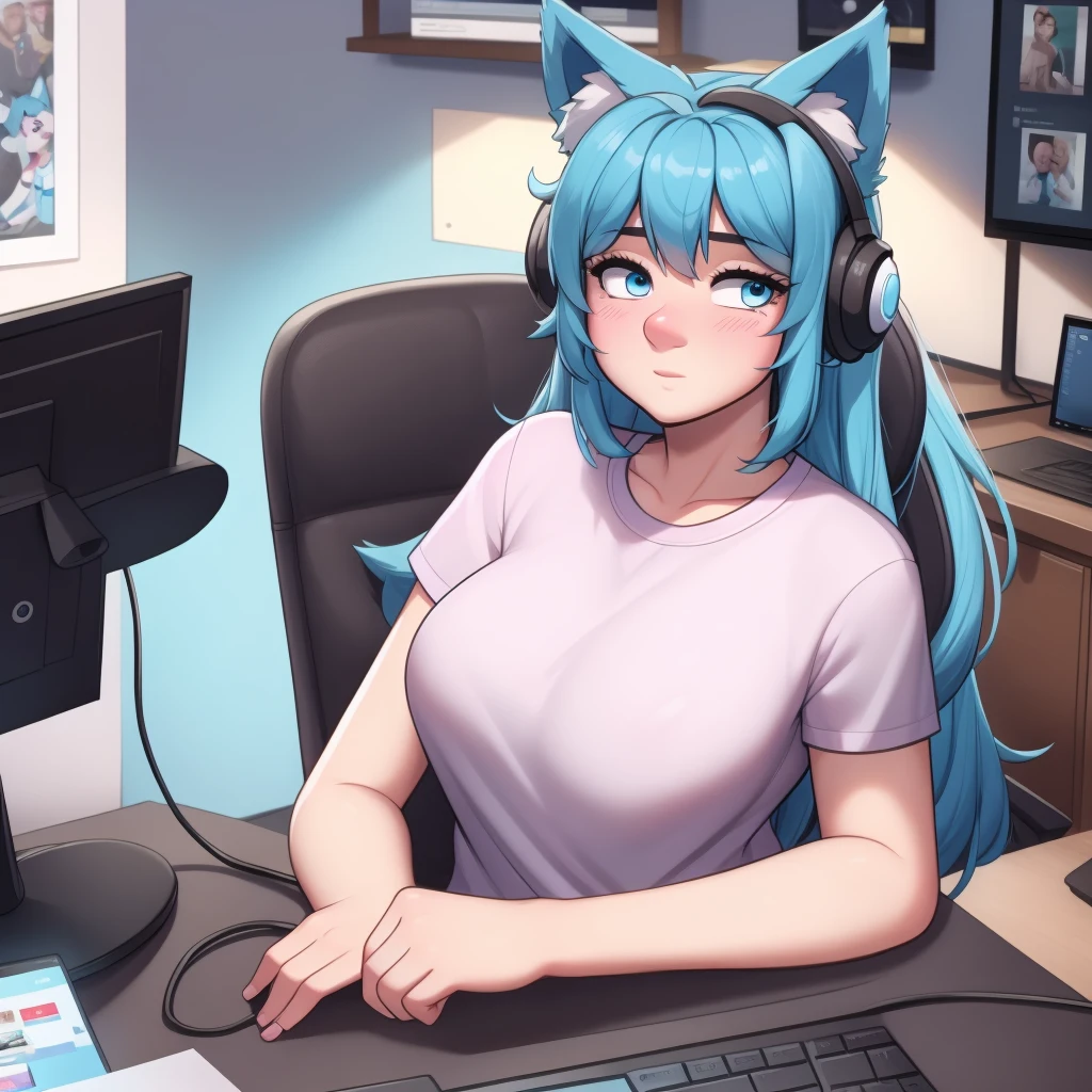 (Masterpiece) (High Detail) (High Res) A short little slim humanoid girl with pale human skin and blue eyes and long blue hair and blue dog ears and a fluffy blue dog tail and average breasts. She is sat at a computer desk with lots of cameras and lights around her. She is wearing headphones and an oversized t-shirt and she is streaming. She looks like she is having fun and has blushing cheeks as she talks to camera.