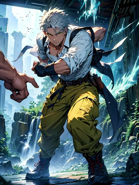 2 anime style wizard man, emanating ice energy, white and spiky hair, yellow eyes, wearing a white button down shirt, wearing gr...