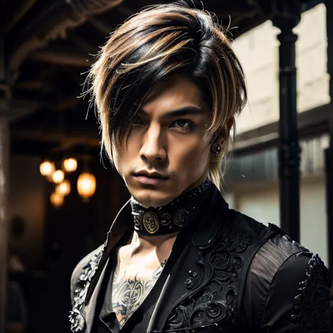 1 man, male, japanese man, visual kai hairstyle, ultra detailed face and body, hyperrealistic, realistic representation, muscula...