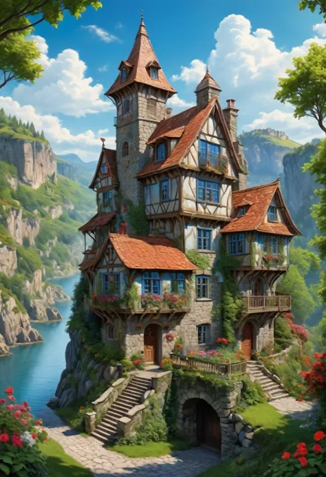 bright, detailed digital painting of a bizarre, multi-storey building, located on a rocky cliff. the house combines wood and sto...