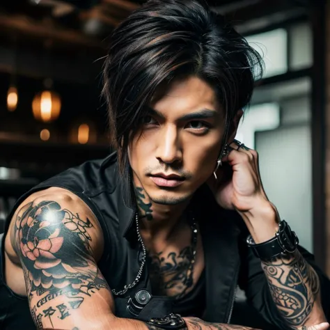 1 man, male, japanese man, visual kai hairstyle, ultra detailed face and body, hyperrealistic, realistic representation, muscula...