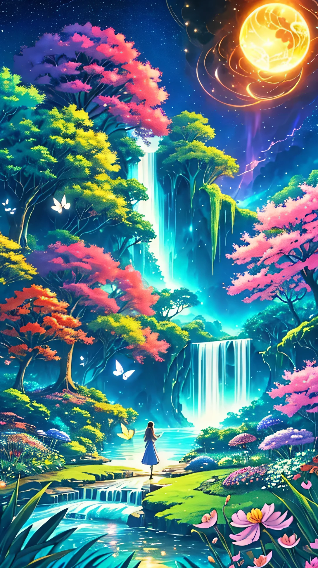 Viral anime nature wallpaper in 4K quality, in the style of digital illustration, depicting a dreamlike garden with floating islands, waterfalls cascading down, and glowing butterflies; surreal and vibrant color temperature, cosmos lighting with stars twinkling in the sky, the atmosphere is surreal and mesmerizing