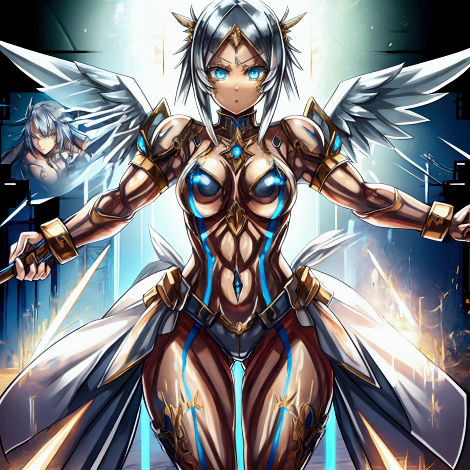 Cyborg Valkyrie, Female, large angel wings, made of metal, ((fighting with a spear)), wild hairstyle, fantasy village background, well-toned abs, muscular, full body, 