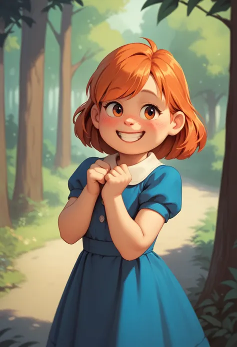 meilinlee, orange hair, blue dress, smile, blush, outdoors, forest