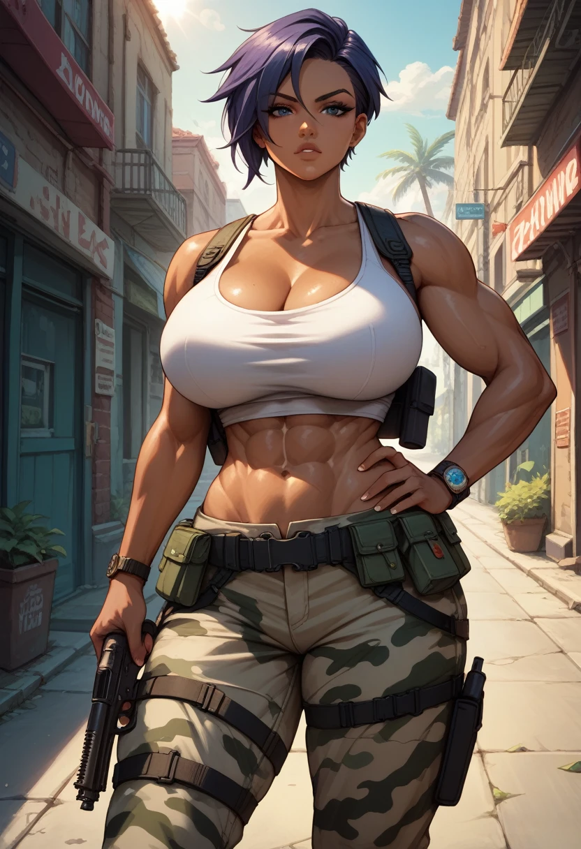 score_9, score_8_up, score_7_up, score_6_up, masterpiece, high quality, perfect face, beautiful face, solo, 1girl, short hair, dark skin, white tank top, camo khaki pants, cleavage, serious, huge breasts, perfect round breasts, muscular, abs, perfect female body, looking at viewer, standing, holding pistols, gun holster, utility belt, warzone, morning, zoom in, intricate detail, delicate pattern,