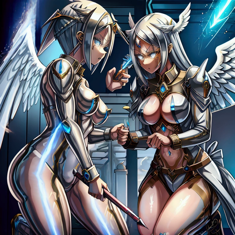 Cyborg Valkyrie, Female, ((large angel wings)), metal skin, ((fighting with a spear)), ((wild hairstyle)), fantasy sky background, well-toned abs, muscular, full body, sexy