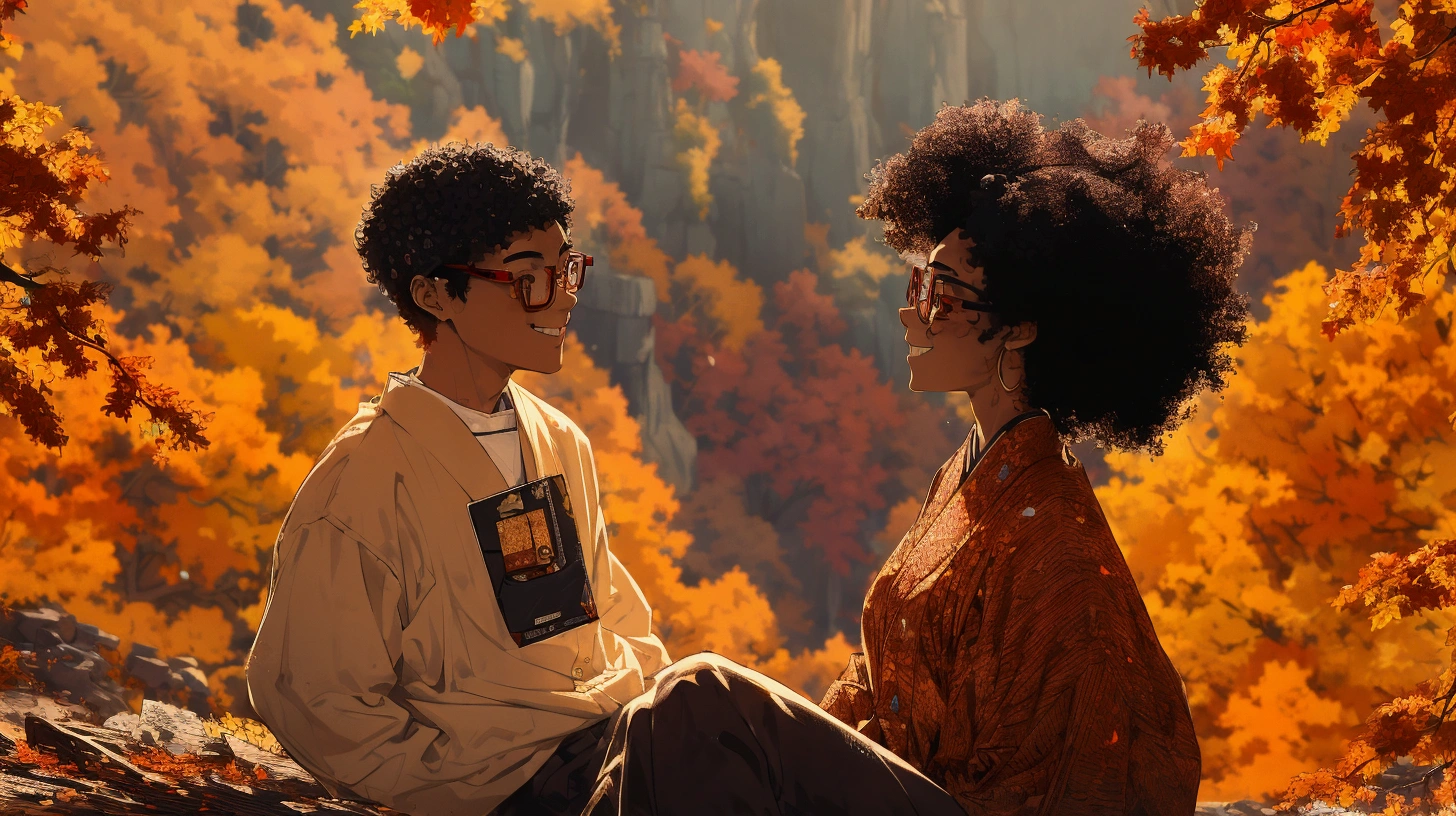 Busted up, a short Japanese nerd boy with glasses and an 1 nerd woman with an afro and black glasses, both looking at each other and smiling high up in the canyon overlooking the fall foliage.