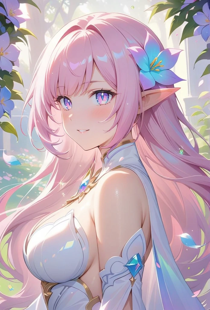 (best quality,4k,8k,highres,masterpiece:1.2),elysia,honkai impact,very long hair,ultra-detailed,realistic,wearing simple white goddess gown,morning of spring,sunlight reflection,body details,delicate,vibrant color palette,elegant curves,polished surface,delicate engravings,effects of light and shadow,subtle reflections,shimmering surface,sparkling gemstones,flower petals falling,springtime essence,ethereal atmosphere,peaceful garden background,serene ambiance,morning dew,soft sunlight filtering through trees,lush plant life,vividly colored blossoms,harmonious blend of nature and art,impeccable craftsmanship,transcendent beauty,awe-inspiring artwork,long pink hair,pale purple eyes, pointed ears, smiling,large breasts 