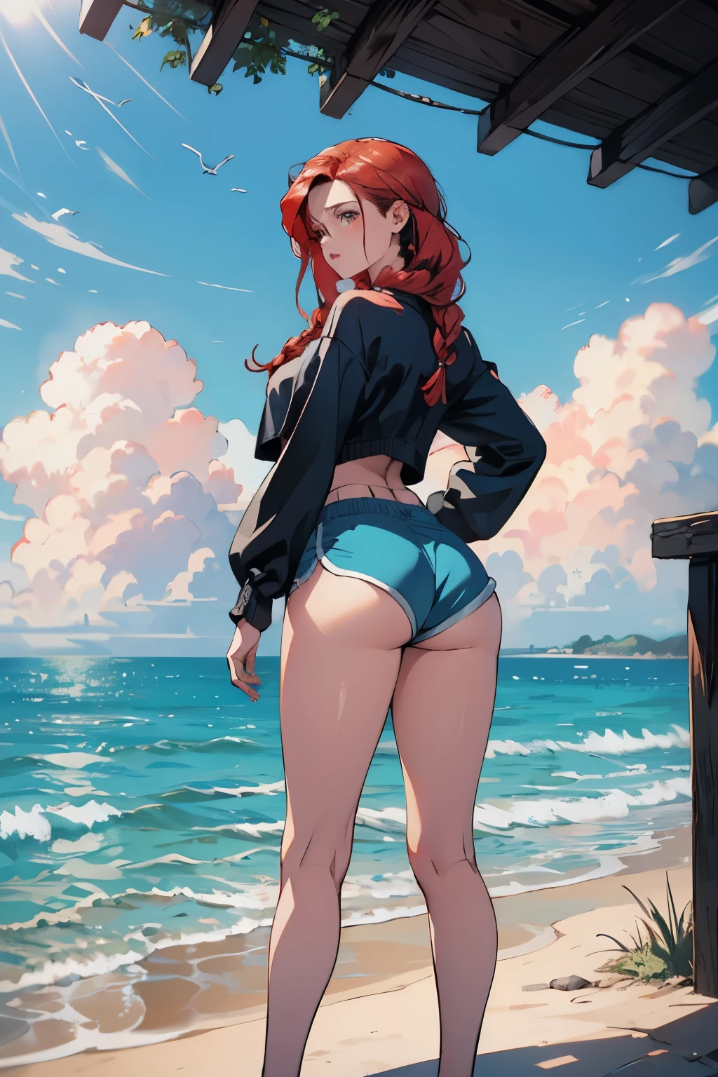 a woman, red hair, braided hair, Perfect Body, of coasts, standing, big ass, Dolphin shorts, High resolution, Super Detail, realistic8k, overview