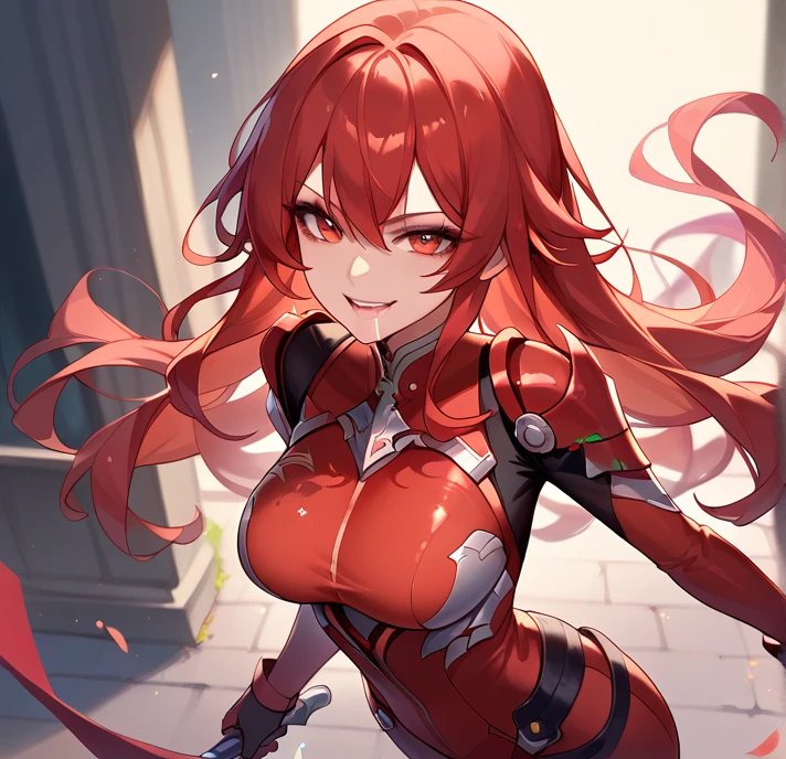 A delicate long hair adult girl, perfect breast, Rias Gremory inspired, is standing, look at viewer, evil smile, saliva, perfect body, at rooftop (wears(Red Symbiote Suit))