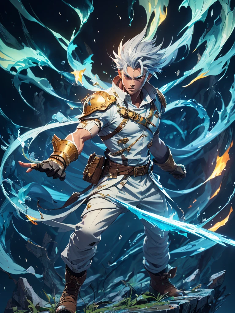 2 anime style wizard man, emanating ice energy, White and spiky hair, yellow eyes, Wearing a white button down shirt, wearing green pants, Wearing a brown belt, Wearing brown boots, wearing half finger tactical gloves, vestindo shoulder holster marrom com uma faca, fighting stance, Action scene, Create a forest background; ((improve the face)); ((high quality)); ((Improve hands)); ((full body)); ((Action scene)); ((fighting pose)); ((epic scene)); ((Improve face)); ((improve hands)); ((full body)); ((gray hair)); ((Kento Nanami style)); ((cena poster)); ((wearing tactical gloves)); ((full HD)); Action scene, Combat, cena poster, fighting stance, ice energy being emanated, ((improve arms)), ((8k Rendering)), blue energy particles, snowflakes around the body, a vertical blue energy chakra behind your back, epic scene,