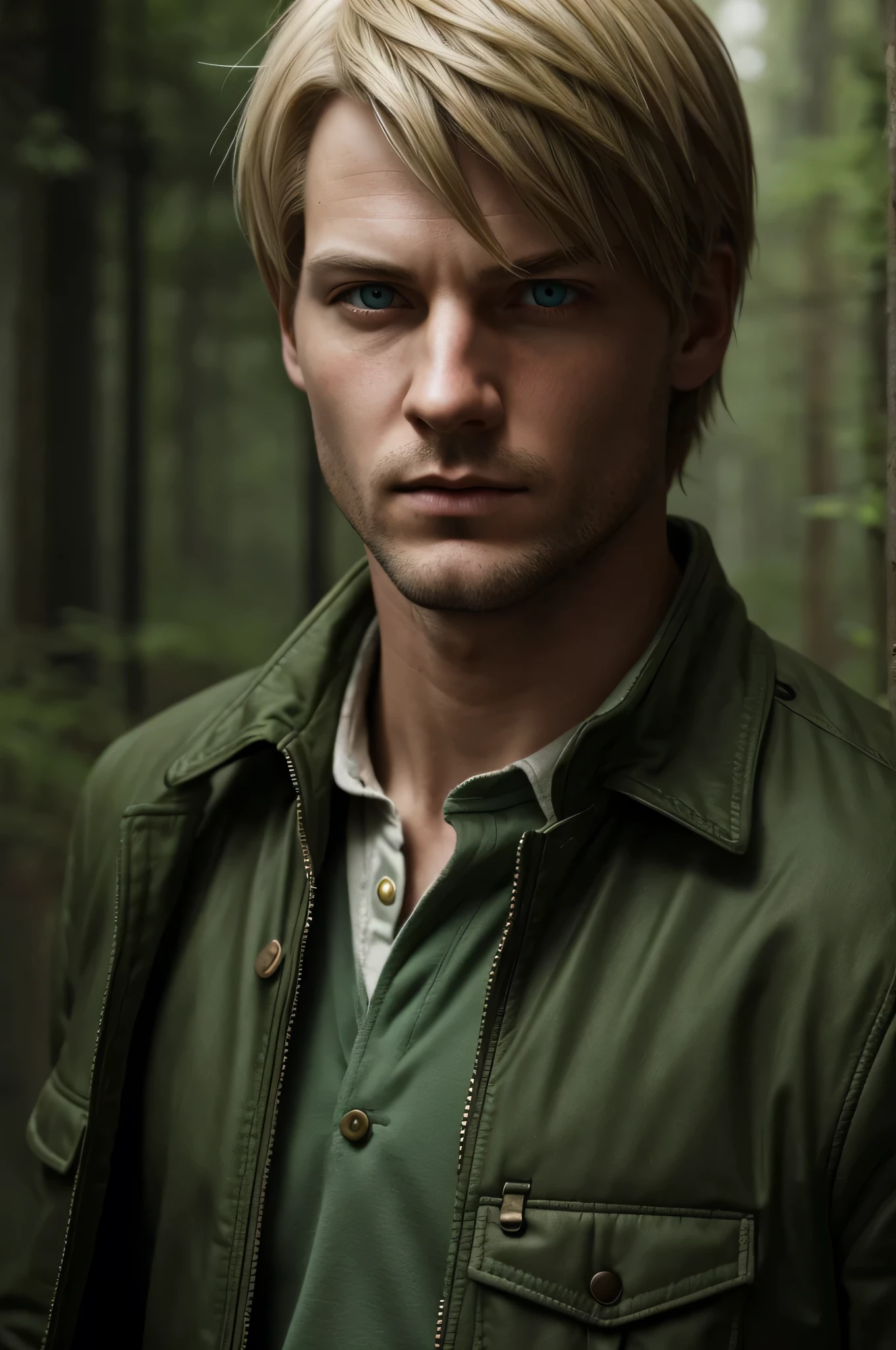 white man, short straight hair, with a pipe in his hand, green jacket, silent hill style, bust photo, ultrarealistic, perfect skin, perfect eyes.