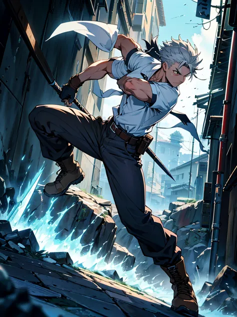 2 male wizard, anime style, emanating ice energy, white and spiky hair, yellow eyes, wearing a white button down shirt, wearing ...