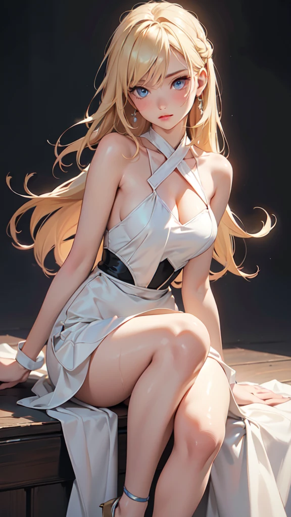 1girl, solo, elegant hair (full body: 1.1), (side at the viewer: 1.1), filmg , sweet_lolita, Best quality, masterpiece, blond hair, blue eyes, Exquisite mouth,Very detailed face, blush, Shiny wet skin, Pink lips, Delicate lips, one piece race queen cosplay outfit, garage background, low lighting, seated with her legs crossed gracefully, creating a relaxed yet elegant posture. One hand can rest on her knee or lap, while the other can be delicately placed by her side or holding a stylish prop. Her body should be slightly turned toward the camera for an engaging composition.