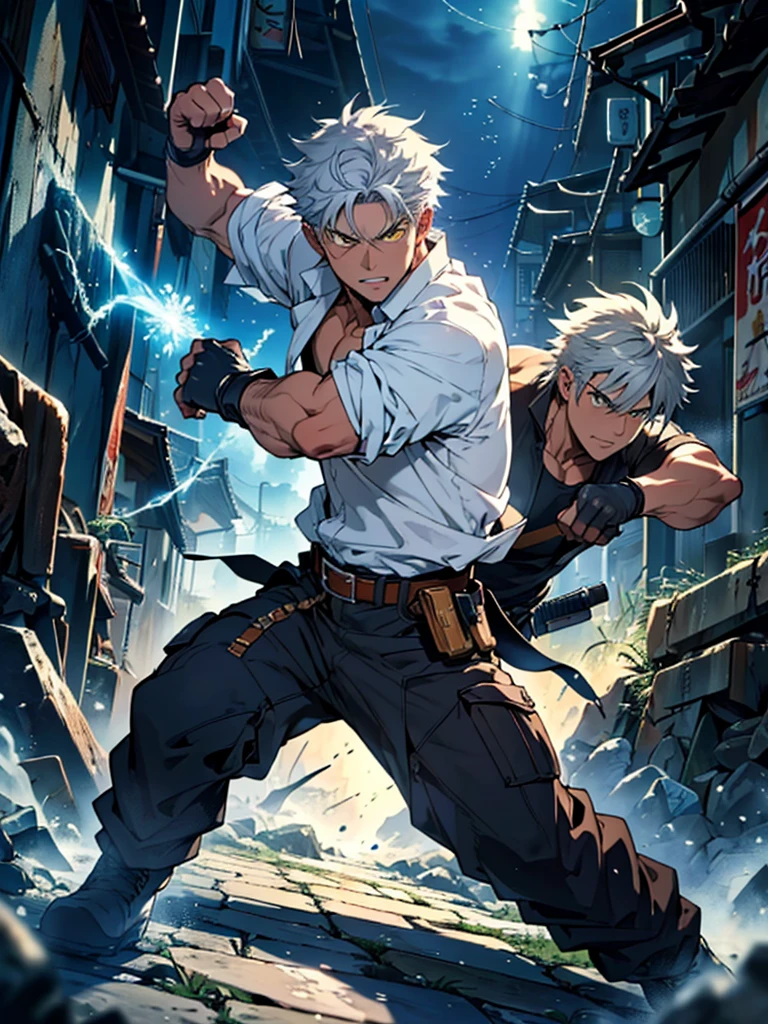 2 male wizard, anime style, emanating ice energy, White and spiky hair, yellow eyes, Wearing a white button down shirt, wearing black pants, Wearing a brown belt, Wearing brown boots, wearing half finger tactical gloves, vestindo shoulder holster marrom com uma ornate sickle presa, fighting stance, Action scene, Crie um fundo de de Combat; ((improve the face)); ((high quality)); ((Improve hands)); ((full body)); ((Action scene)); ((fighting pose)); ((epic scene)); ((Improve face)); ((improve hands)); ((full body)); ((gray hair)); ((Kento Nanami style)); ((cena poster)); ((wearing tactical gloves)); ((full HD)); Action scene, Combat, cena poster, fighting stance, ice energy being emanated, ((improve arms)), ((8k Rendering)), blue energy particles, snowflakes around the body, a vertical blue energy chakra behind your back, epic scene,