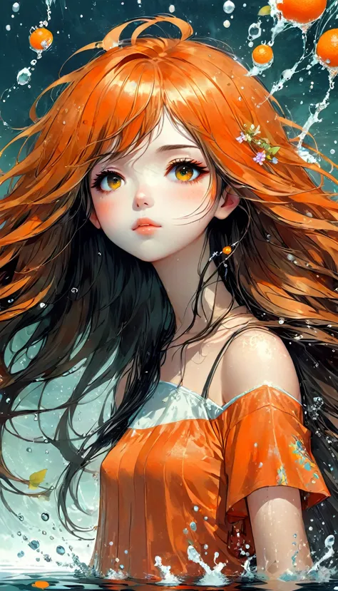 anime girl with long hair and orange top in the water, beautiful animated portrait, beautiful digital artwork, guweiz style artw...