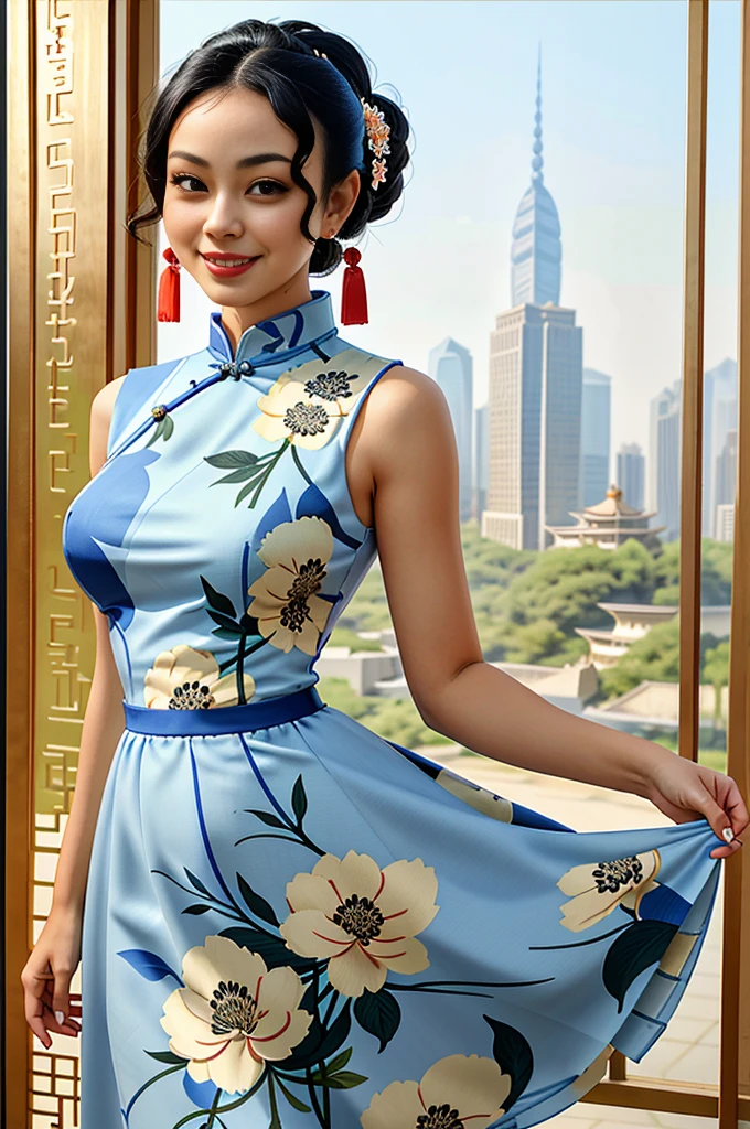 ((Masterpiece, best quality)), edgQuality,adoring smile,
((edgpdress, a woman in a dress posing for a picture )),pencil_dress,((chinese print)),
