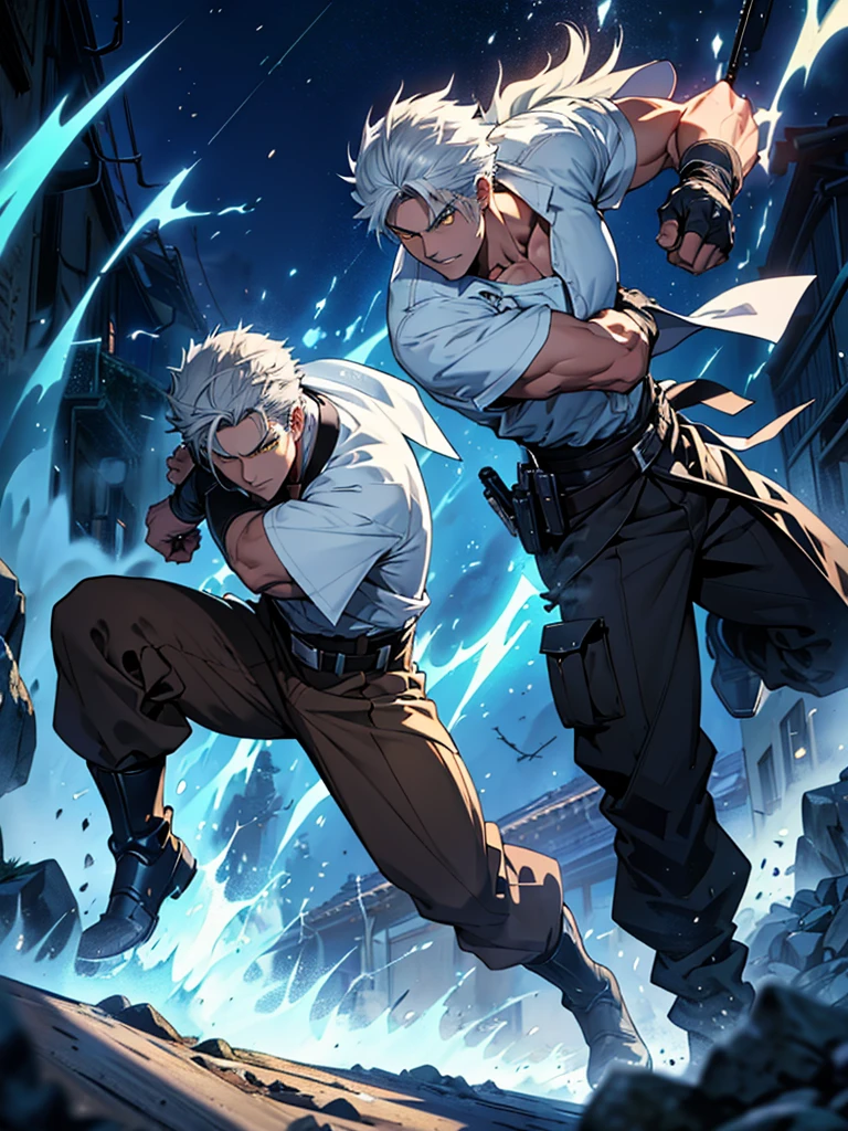 2 male wizard, anime style, emanating ice energy, White and spiky hair, yellow eyes, Wearing a white button down shirt, wearing black pants, Wearing a brown belt, Wearing brown boots, wearing half finger tactical gloves, vestindo shoulder holster marrom com uma ornate sickle presa, fighting stance, Action scene, Create a medieval background; ((improve the face)); ((high quality)); ((Improve hands)); ((full body)); ((Action scene)); ((fighting pose)); ((epic scene)); ((Improve face)); ((improve hands)); ((full body)); ((gray hair)); ((Kento Nanami style)); ((cena poster)); ((wearing tactical gloves)); ((full HD)); Action scene, Combat, cena poster, fighting stance, ice energy being emanated, ((improve arms)), ((8k Rendering)), blue energy particles, snowflakes around the body, a vertical blue energy chakra behind your back, epic scene,