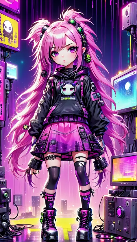 anime style:1.6, full body, leaning on a pair with pissing signs, 1 cyber goth girl, long hair in a pink color with a gradient o...