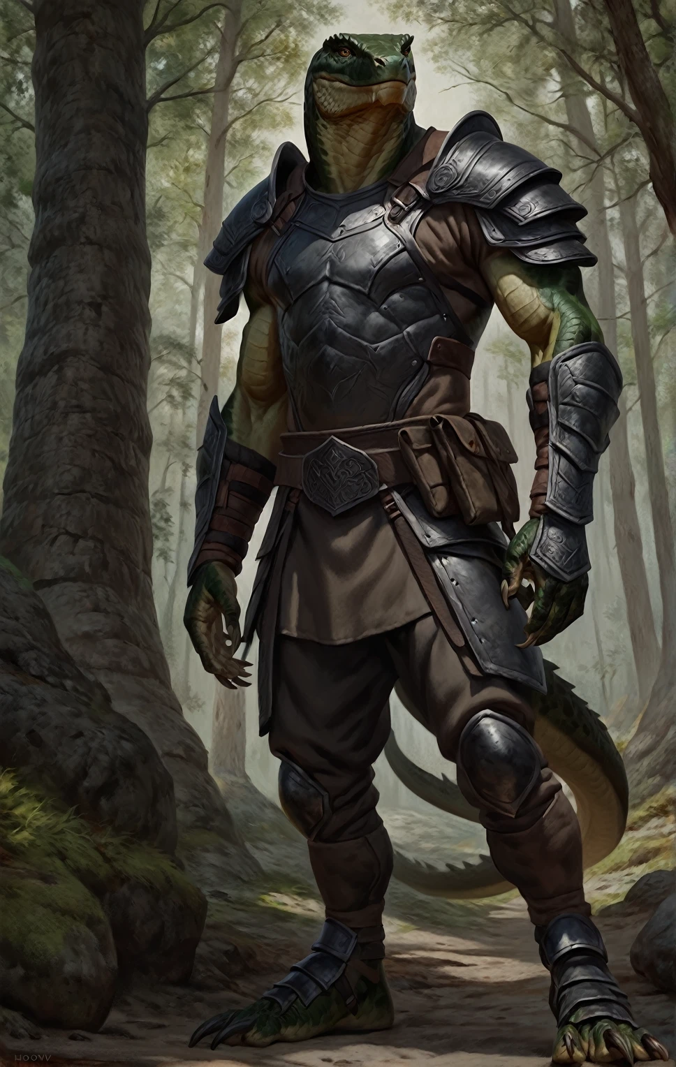 realistic muscular lizardfolk, wearing pants, mercenary, masculine,  plantigrade, dark green body, black belly, armor, forest background, (best quality,4k,8k,highres,masterpiece:1.2),ultra-detailed,(realistic,photorealistic,photo-realistic:1.37),by laobai, by taran fiddler, by honovy