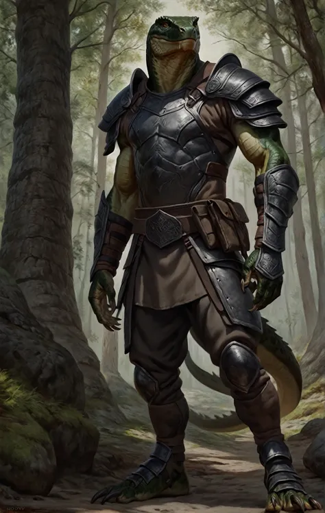 realistic muscular lizardfolk, wearing pants, mercenary, masculine,  plantigrade, dark green body, black belly, armor, forest ba...