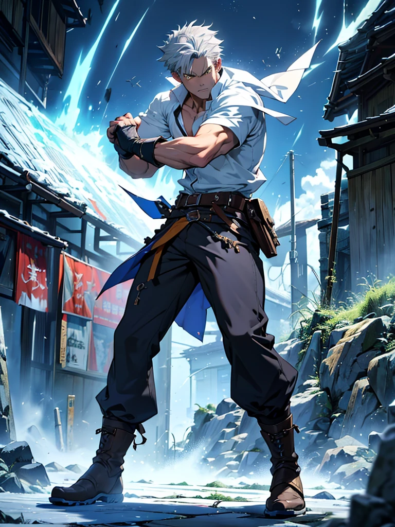 2 anime style wizard man, emanating ice energy, White and spiky hair, yellow eyes, Wearing a white button down shirt, wearing black pants, Wearing a brown belt, Wearing brown boots, wearing half finger tactical gloves, vestindo shoulder holster marrom com uma ornate sickle presa, fighting stance, Action scene, Create a medieval background; ((improve the face)); ((high quality)); ((Improve hands)); ((full body)); ((Action scene)); ((fighting pose)); ((epic scene)); ((Improve face)); ((improve hands)); ((full body)); ((gray hair)); ((Kento Nanami style)); ((cena poster)); ((wearing tactical gloves)); ((full HD)); Action scene, Combat, cena poster, fighting stance, ice energy being emanated, ((improve arms)), ((8k Rendering)), blue energy particles, snowflakes around the body, a blue energy chakra floating around him, epic scene,