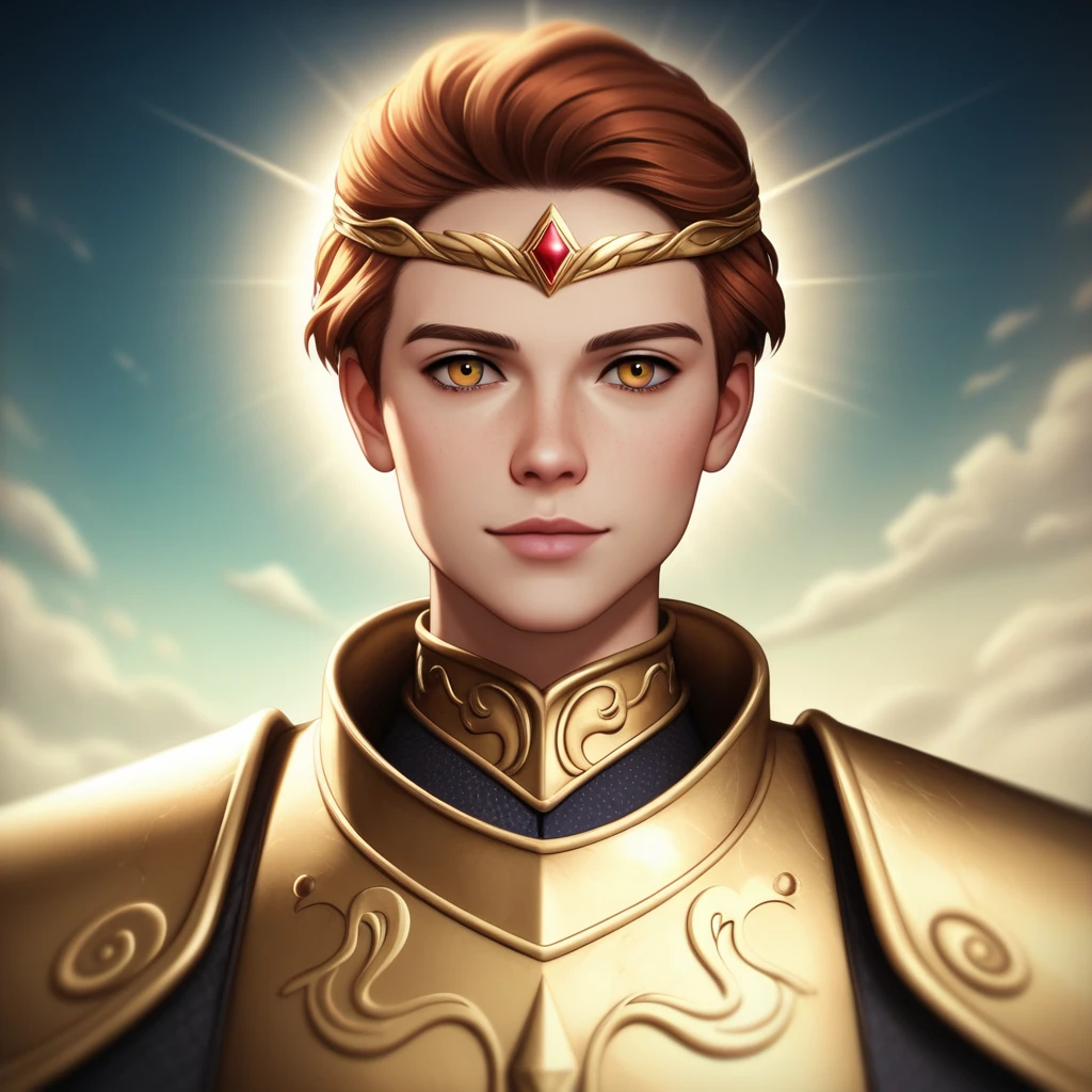 (Absurdres, Intricate Details, Masterpiece, Best Quality, High Resolution, 8k), 1 male, thin, young, aged up, masked, finely detailed eyes and face, auburn low-fade hair, amber eyes, portrait,  looking at viewer, solo, half shot, detailed background, (light fantasy theme:1.1),  focusing, mercenary,  sunshine, floating scraps,  color plate armor, divine aura, bright realistic lighting, marble castle, intense atmosphere, circlet, coat of arms,  brazier,  , Depth of Field, VFX.