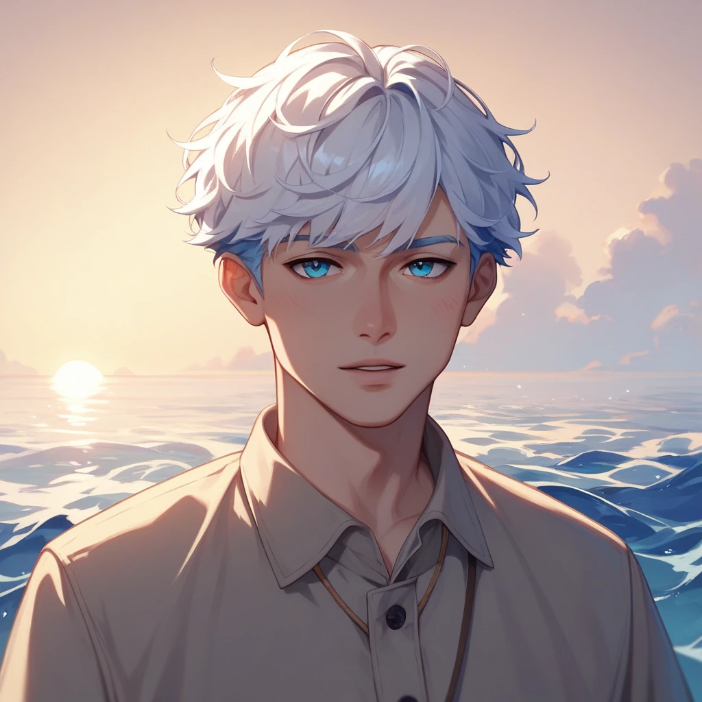 long shot of a Varied Relaxing Albanian Male Veterinarian, White hair styled as Shaggy, background is Glacier, at Sunset, soft focus, Light, soft light, F/8, Beige and Navy Blue splash, Swirling, extremely hyper aesthetic