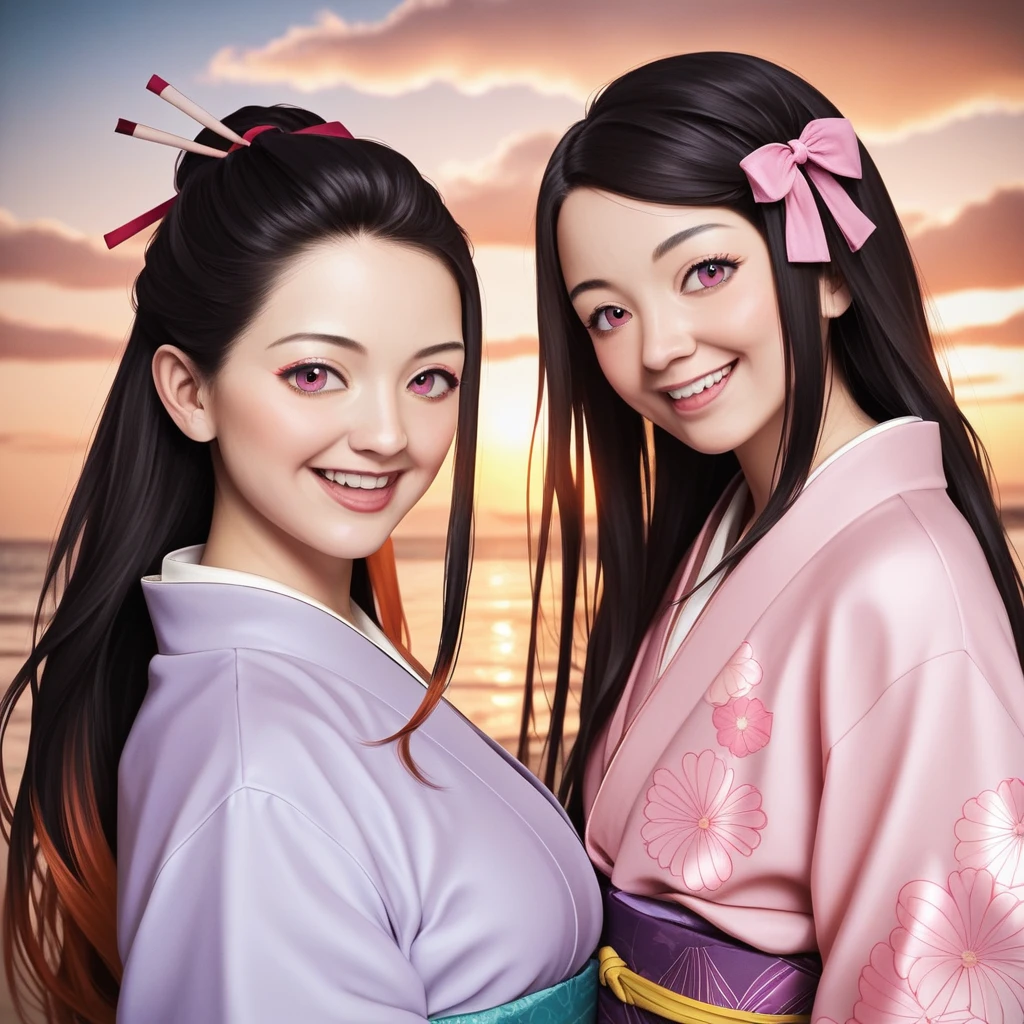 masterpiece, (photorealistic:1.5), realistic eyes, asian woman, best quality, beautiful lighting, professional lighting, photon mapping, radiosity, physically-based rendering,, kamado nezuko, 1girl, black hair, forehead, hair ribbon, japanese clothes, kimono, long hair, multicolored hair, open mouth, pink eyes, pink kimono, pink ribbon, ribbon, smile, very long hair, sky, ((aged up)),, (RAW photo, 8k uhd, film grain)