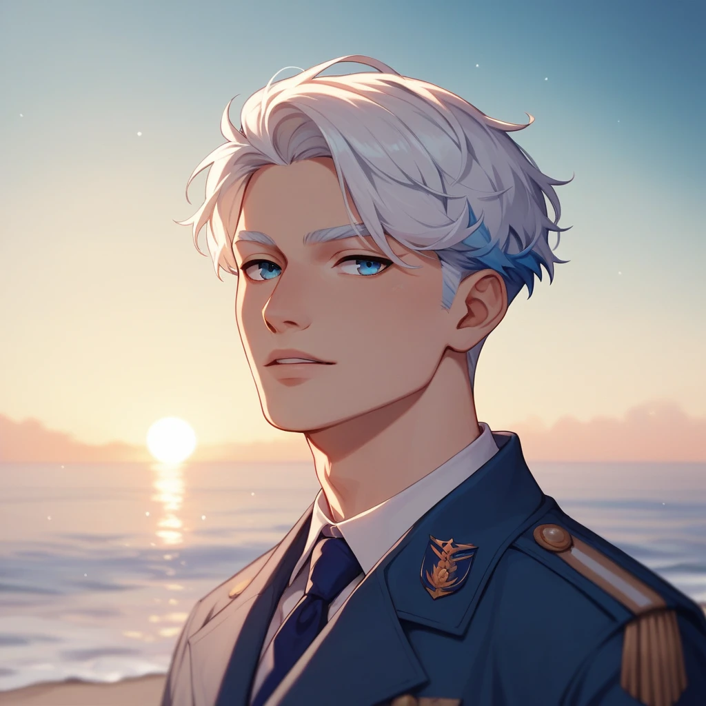 long shot of a Varied Relaxing Albanian Male Veterinarian, White hair styled as Shaggy, background is Glacier, at Sunset, soft focus, Light, soft light, F/8, Beige and Navy Blue splash, Swirling, extremely hyper aesthetic