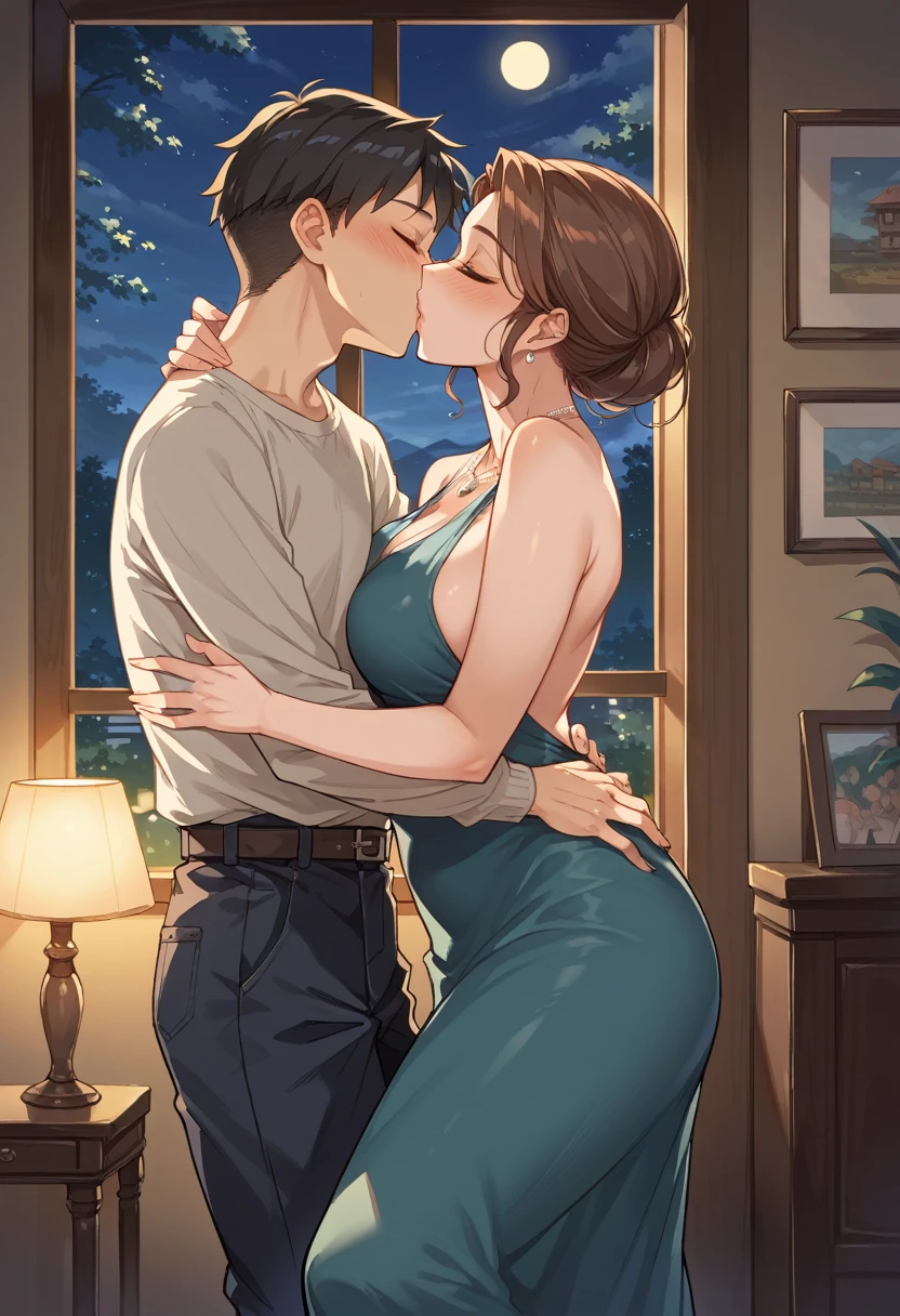 pub  Backless Fashion Design Dress, Without score_9, score_8_up, score_7_up, source_anime, 1boy, 1girl, mature female in a sexy revealing dress, necklace, mother and son, kid, kissing , romantic, night time, in the living room, (against the wall) (from behind) boy  , mom kissing son