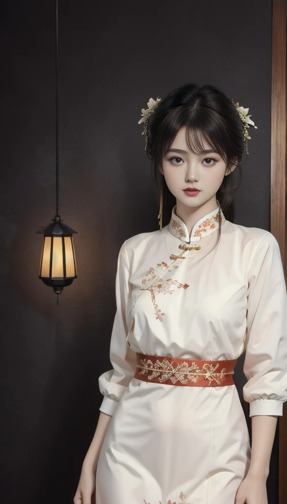 1 Girl，Age 19，Standing by the window，((Dark environment at night:1.5)),Intricate details, Ultra Detailed, Ultra-high resolution, (masterpiece, Best quality, Beautiful:1.2), Beautiful眼睛,  Very detailed, (Bangs:1.1),((healthy，Charming body curves)) ，Ancient Chinese dress(Red and white dress)，((Wooden lamp))，Half Body,  Real photography，((Dim))Sandstone slab decorative background