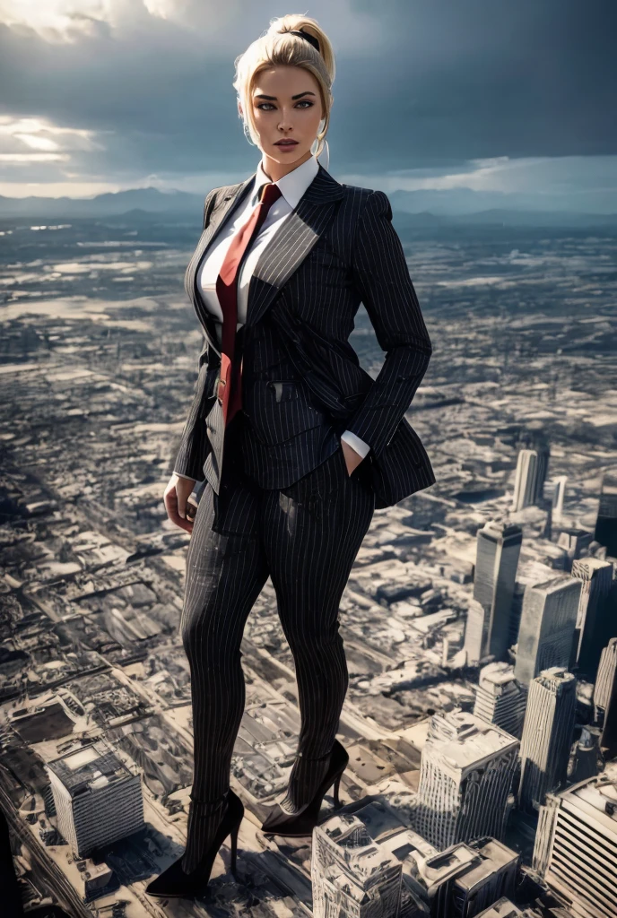 A curvaceous woman in grey pinstriped three-piece suit, white shirt, big red paisley necktie, blonde ponytail, standing in stomping pose wearing black platform heels, cityscape background of mega-city, urban sprawl, small towns, hazy cloudy atmosphere, (best quality,4k,8k,highres,masterpiece:1.2),ultra-detailed,(realistic,photorealistic,photo-realistic:1.37),extremely detailed face and hands,perfect lighting,cinematic,hyper-photorealistic, giantess art, woman much bigger than a city