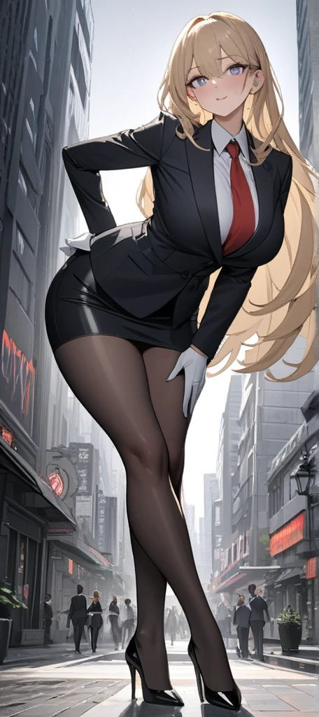 ((masterpiece)), ((high quality)),((ultra-detailed)), ((extremely detailed)),4K,8K, (character portrait), wearing blue short skirts suit, in business suits, navy collared shirt, a beautiful woman, very tall woman with great style, perfect big breasts, perfect big breasts, middle plump ass, slender body, 1girl, solo, purple pupils, perfect hands, perfect face, perfect eyes, perfect body, perfect legs, laugh, front view,hands on legs, bend down, city background, ,Masterpiece, best quality, ,suit, short skirt, red necktie,wolf cut hair,HarutoYumaArts, pencil drawning, color accents, color highlights, (grayscale:1.3),blonde hair, long hair, drill hair, blue eyes, white shirt, gloves, high heels, back view, full body, latex short skirt