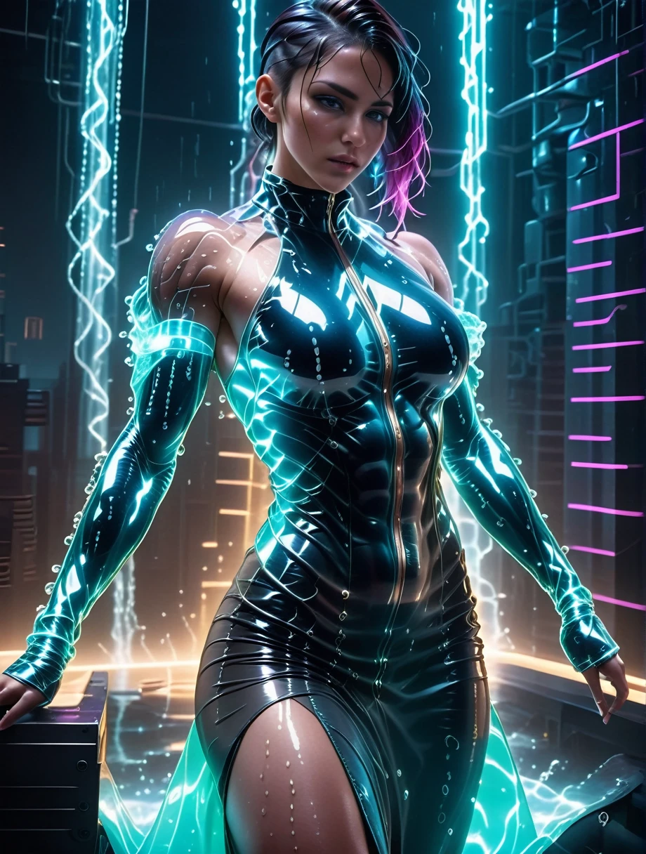 cinematic still Finnish cyberpunk 1girl, cyberpunk style, revealing and exposing (water dress), cinematic, wearing lit fiber optics, strong parallel lines and nodes, extremely detailed cute face, Tech-infused, advanced materials bound technology and design, psycho texture-shifting, integrate neon lights for visual flair, sleek, angular shapes with sharp lines, bodysuits and structured jackets, neural interfaces and cybernetic jewelry, dim neon and electric teal, industrial hardware, asymmetrical designs, reflecting the chaotic cyberpunk ethos, glowing boots, (((huge breasts))), muscular arms, (6-pack abs), slim waist, full body shot, facing the viewer, huge hips. uberfit, emotional, harmonious, vignette, 4k epic detailed, shot on kodak, 35mm photo, sharp focus, high budget, cinemascope, moody, epic, gorgeous, film grain, grainy, (masterpiece), (best quality), (ultra-detailed), 