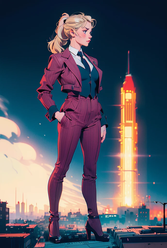 A curvaceous woman in grey pinstriped three-piece suit, white shirt, big red paisley necktie, blonde ponytail, standing in stomping pose wearing black platform heels, cityscape background of mega-city, urban sprawl, small towns, hazy cloudy atmosphere, (best quality,4k,8k,highres,masterpiece:1.2),ultra-detailed,(realistic,photorealistic,photo-realistic:1.37),extremely detailed face and hands,perfect lighting,cinematic,hyper-photorealistic, giantess art, woman much bigger than a city