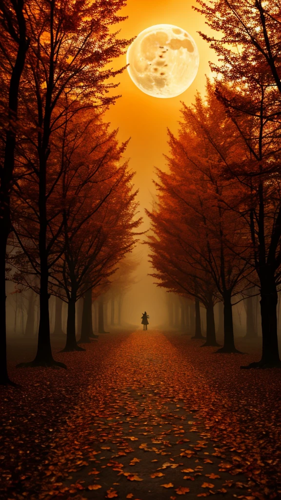 

"Create a spooky yet elegant Halloween-themed image. The background should be a dark, misty forest under a full moon, with silhouettes of barren trees. Include glowing jack-o'-lanterns scattered along a cobblestone path, casting an eerie orange light. Add a few dark, shadowy figures in cloaks lurking in the background, with bats flying across the moonlit sky. Spider webs hang from the trees, and a black cat with glowing green eyes sits on an old, weathered fence. The atmosphere should be mysterious, with a mix of spooky and enchanting Halloween vibes."

