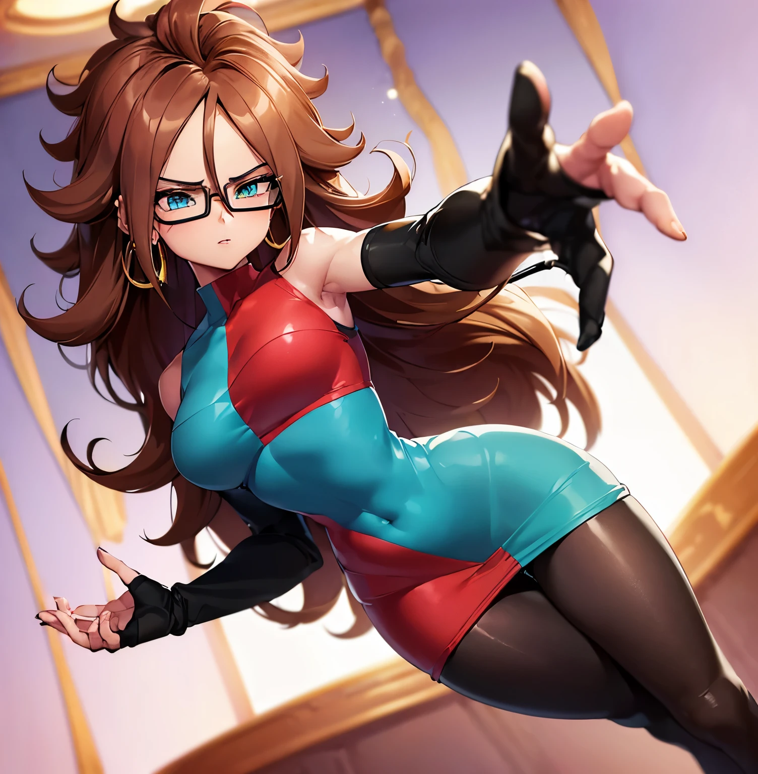 ((1girl)),((alone)), android 21, \(dragon ball \),(masterpiece), (best quality), (ultra detailed), (best illustration), (best shadow), (absurdities) , sharp focus, cowboy shot, atmospheric perspective, depth of field, dynamic posture, ((looking at viewer)), medium breasts, narrow waist, wide hips, medium thighs, round butt, erotic, romantic, (highly detailed eyes, lips 1.1), highly detailed eyes, eyes, Highly detailed face, Very beautiful face, Symmetrical face, Aesthetic face, perfect face, perfect eyes, detailed eyelashes: 1.5), full height, beautiful slim figure, femininity, expressive appearance, elastic medium breasts, sexuality, half-open lips, ((light skin:1.3)), ((brown hair:1.3)), long hair, ((curly hair)), ((blue eyes)),((hoop earrings:1.3)),((black glasses:1.4)),((two-tone dress:1.4)),(( plaid dress: 1 e)), ((turquoise green and red dress:1.4)),lab coat, ((white coat:1.3)),((open coat:1.2)),long sleeves, ((pantyhose black:1.4)), inside, position, jean, shot, smile, curves, defined body, perfect and beautiful body, perfect and beautiful, stoic expression, closed mouth, ((serious expression)), blushing, (sexy pose: 1.2 ), ((solo)), standing: 1.3,((interior, laboratory, table, robotic parts, table, window, sunset)), Looking forward ,((focus on the hips:1.4)), point of view:(from below), perfect anatomy, perfect hands