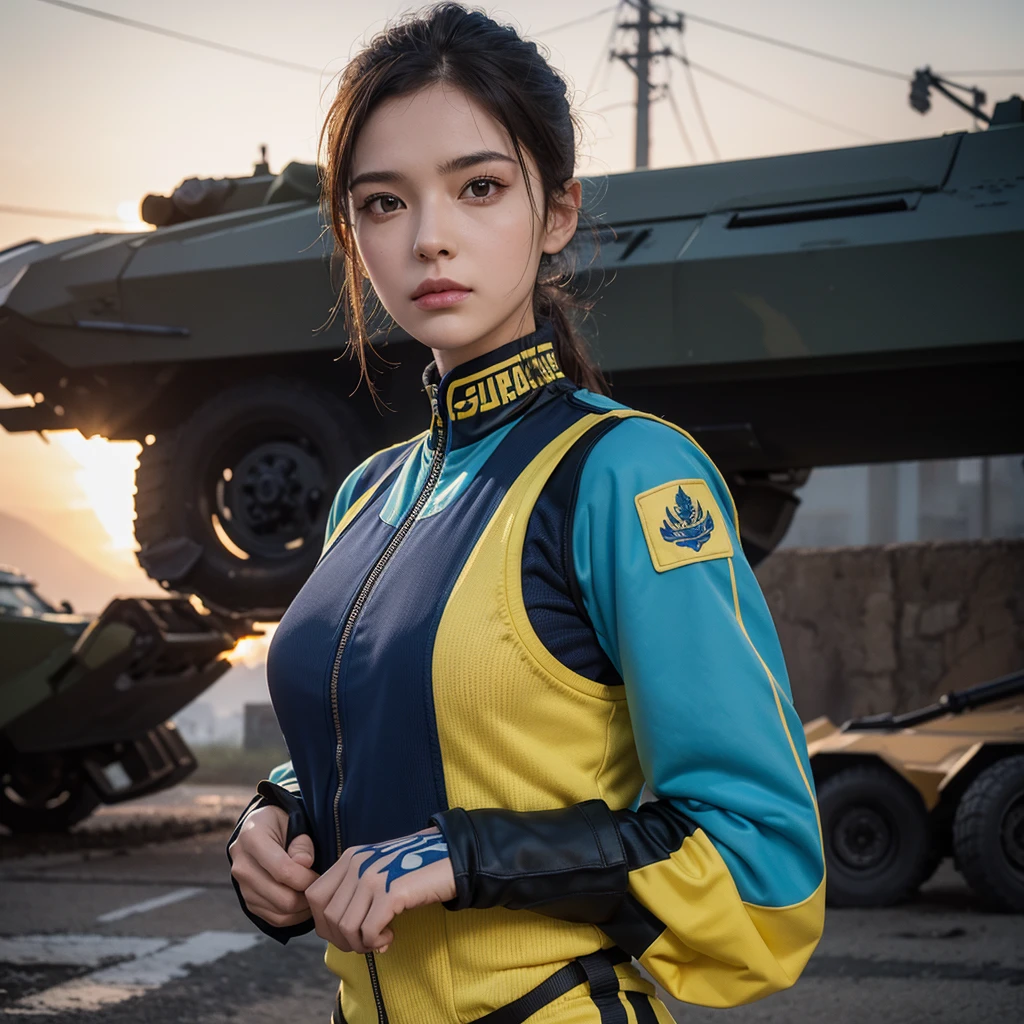 Sporty girl in pixel uniform. NATO, yellow blue ukraine bulletproof vest, gloves, берцы, beautiful face. tattoos. serious face. There is military equipment burning behind, tanks , bmp, there are cartridges everywhere on the ground, gloomy atmosphere . And in her hand she holds a folded yellow and blue flag in her fist.Realistic anatomy, masterpiece, high resolution, HD model, quality, Very detailed, Ultrahigh definition, 