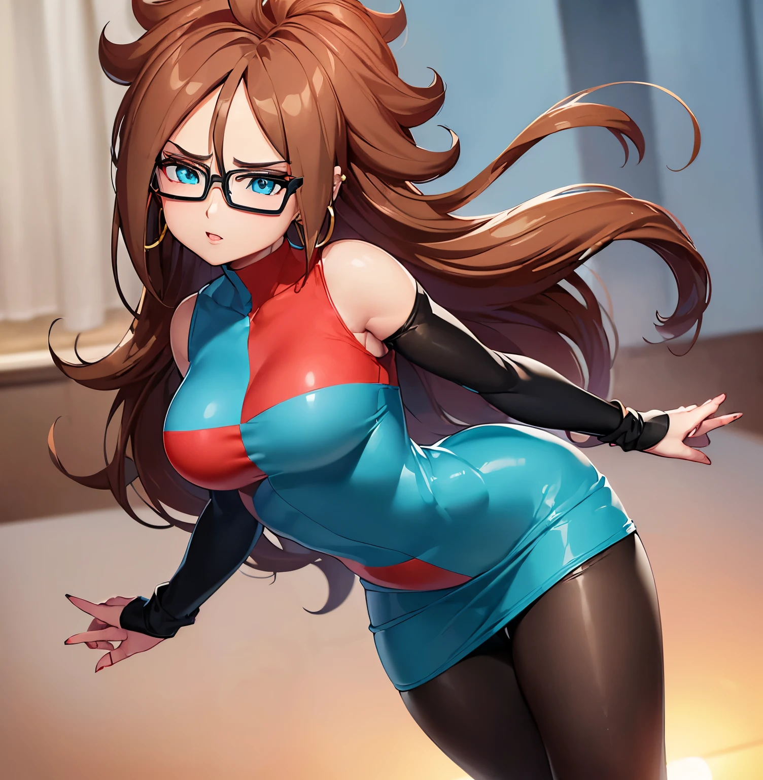 ((1girl)),((alone)), android 21, \(dragon ball \),(masterpiece), (best quality), (ultra detailed), (best illustration), (best shadow), (absurdities) , sharp focus, cowboy shot, atmospheric perspective, depth of field, dynamic posture, ((looking at viewer)), medium breasts, narrow waist, wide hips, medium thighs, round butt, erotic, romantic, (highly detailed eyes, lips 1.1), highly detailed eyes, eyes, Highly detailed face, Very beautiful face, Symmetrical face, Aesthetic face, perfect face, perfect eyes, detailed eyelashes: 1.5), full height, beautiful slim figure, femininity, expressive appearance, elastic medium breasts, sexuality, half-open lips, ((light skin:1.3)), ((brown hair:1.3)), long hair, ((curly hair)), ((blue eyes)),((hoop earrings:1.3)),((black glasses:1.4)),((two-tone dress:1.4)), ((colored plaid dress turquoise green and red:1.4)),lab coat, ((white coat:1.3)),((open coat:1.2)),long sleeves, ((black pantyhose:1.4)), inside, position, jean, shot, smile, curves, defined body, perfect and beautiful body, perfect and beautiful, stoic expression, closed mouth, ((serious expression)), blushing, (sexy pose: 1.2), ((solo)), standing: 1.3,((interior, laboratory, table, robotic parts, table, window, sunset)), Looking forward,((focus on breasts:1.4)), point of view:(from Middle), perfect anatomy, perfect hands