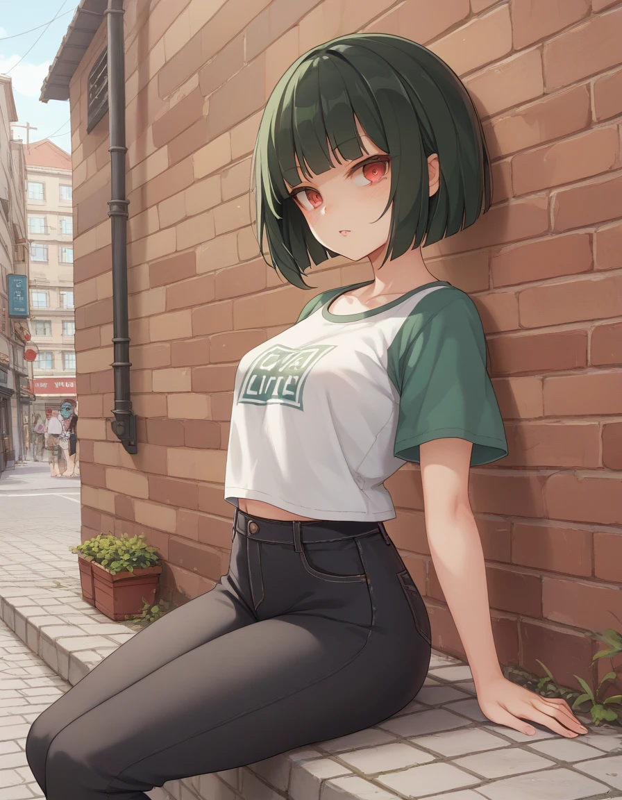 ((Woman A’s appearance: Thin line outline、Perfect facial features、A short bob cut with movement、(Dark green hair)、Red Eyes、Slanted Eyes)):2.0、(Soft short sleeve blouse、Black pants、Wearing)、(action;)((background:Brick City、Cobblestone Street))、(Best Quality、detailed、High resolution、A soft touch to the animation、Cel-shaded style shadows):1.2、