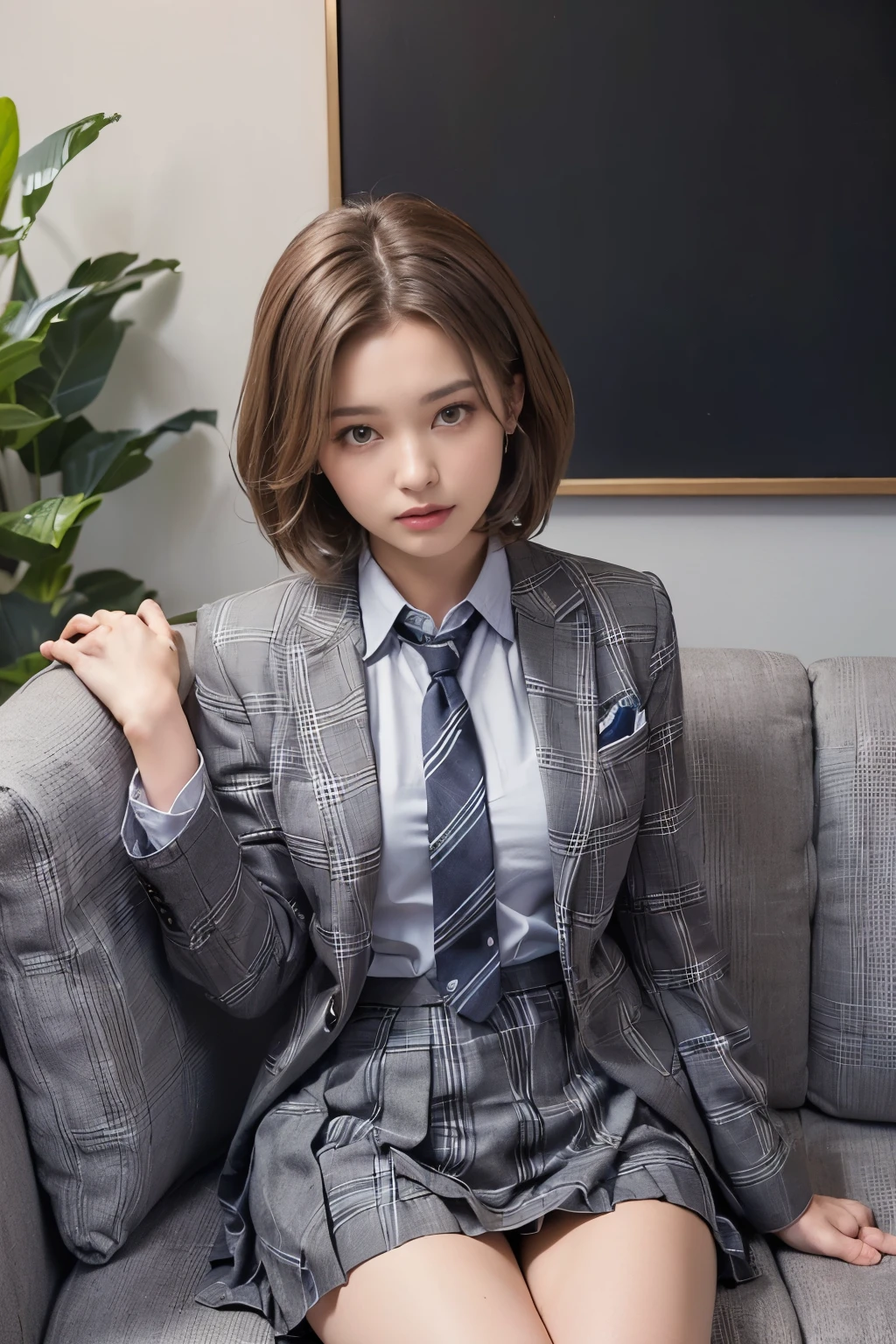 ((masterpiece:1.4))、((Flying debris:1.4))、((Woman with short light brown hair:1.4))、((Cowboy shooting:1.4))、(([Front view photo:1.4))、((She sits on the sofa in the office..., Grey plaid pleated skirt，Highlight your thighs.:1.7))、((Schoolgirl tie:1.4))、Very Sexy Clothes, ((Wearing a serious dark blue suit jacket:1.4))、High school girls&#39; suit jacket、Sexy look,((Woman with sad expression:1.4))、((Short hair girl:1.5))、((Smile:1.4))、