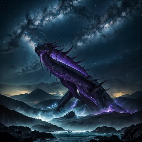 [(masterpiece: 1.1, best quality: 1.1), photograph, towering leviathan sea serpent dragon giant with grey skin, stary milky way ...