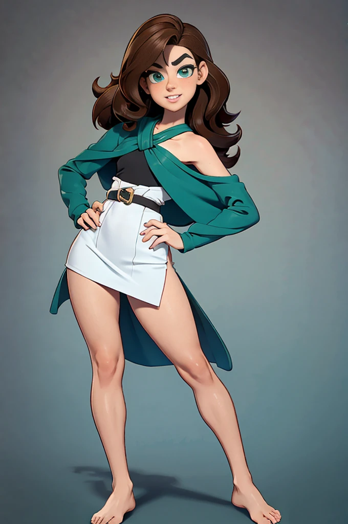 young woman, gci pixar and cartoon style, full body anatomy, shoulder length curly hair, bare front, brown hair, heterochromia, left eye brown, right eye green, freckles, circular glassess, thick eyebrow, white skin, bare legs, piercing in left ear, raised nose, thick lips, slightly slanted eyes, height 1.60 meters, very small chest, big hip, slightly marked flat abdomen, shapely legs, athletic, gothic girl, camera focus full body, green linege