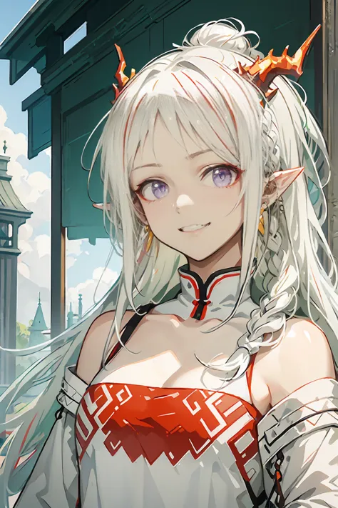 girl. ((white hair)). ((green eyes)). hairstyle. earrings. open shoulders. portrait. forehead, medium forehead, smiling,