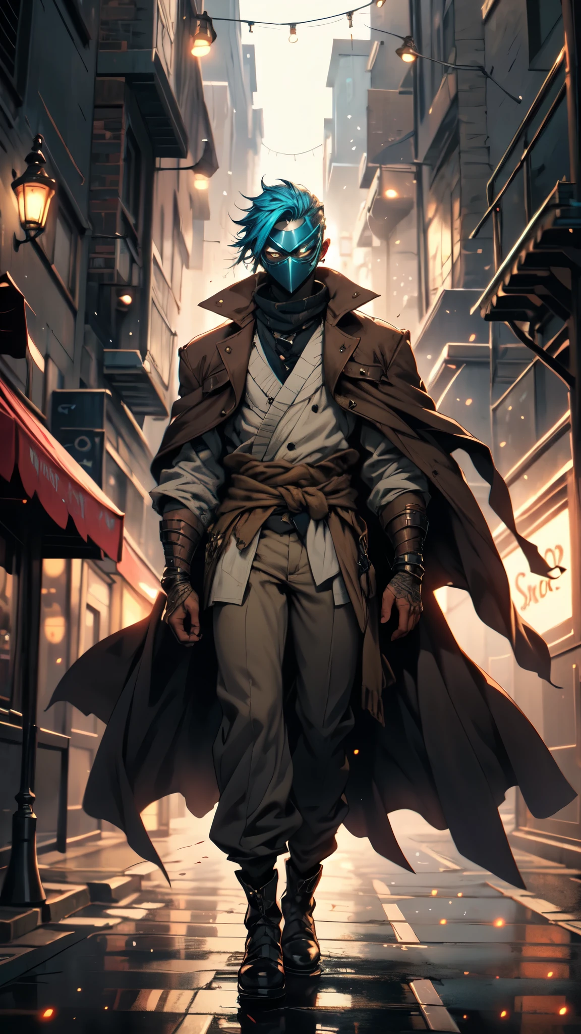 (masterpiece:1.2, best quality:1.2, extremely delicate:1.2), ((male:1.5)), a man with disheveled short cyan hair, wearing a mask that reveals sharp eyes, a sturdy build, an open tattered fantasy-style long coat with its hem billowing in the wind, his arms are marked with vertical stripes, his hands are wrapped in bandages, several layers of cloth are tied around his waist, coarse burlap pants, cloth shoes, walking through a dark street lit by only a few lights, this character embodies a finely crafted fantasy-realism style spy in anime style, exquisite and mature manga art style, dramatic, high definition, highres, ultra-detailed, ultra-fine painting, professional, perfect body proportions, golden ratio, anatomically correct, symmetrical face, extremely detailed eyes and face, high quality eyes, creativity, RAW photo, UHD, 32k, Natural light, cinematic lighting, (masterpiece-anatomy-perfect:1.2)