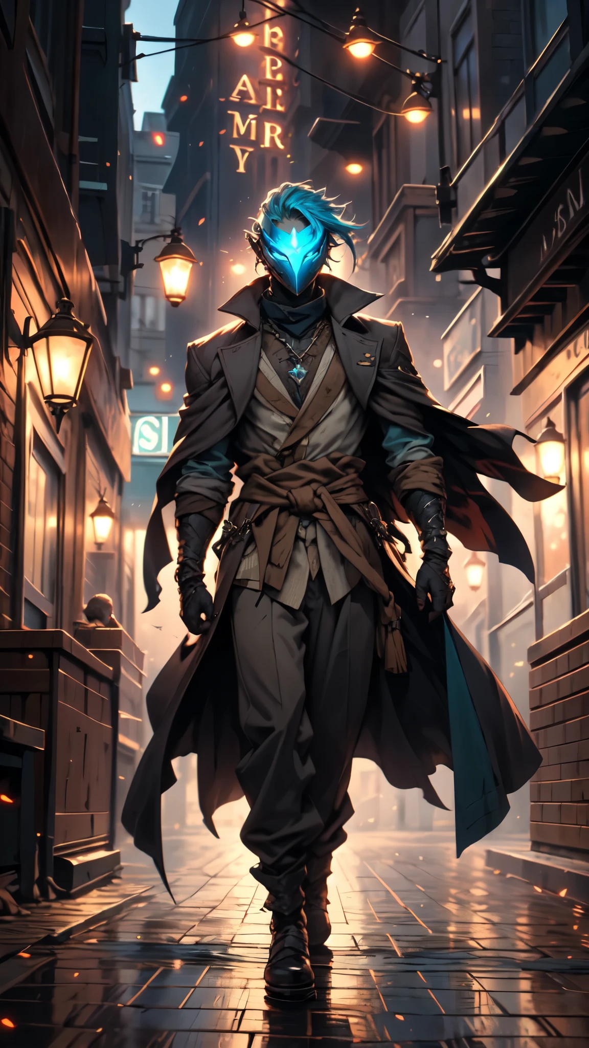 (masterpiece:1.2, best quality:1.2, extremely delicate:1.2), ((male:1.5)), a man with disheveled short cyan hair, wearing a mask that reveals sharp eyes, a sturdy build, an open tattered fantasy-style long coat with its hem billowing in the wind, his arms are marked with vertical stripes, his hands are wrapped in bandages, several layers of cloth are tied around his waist, coarse burlap pants, cloth shoes, walking through a dark street lit by only a few lights, this character embodies a finely crafted fantasy-realism style spy in anime style, exquisite and mature manga art style, dramatic, high definition, highres, ultra-detailed, ultra-fine painting, professional, perfect body proportions, golden ratio, anatomically correct, symmetrical face, extremely detailed eyes and face, high quality eyes, creativity, RAW photo, UHD, 32k, Natural light, cinematic lighting, (masterpiece-anatomy-perfect:1.2)