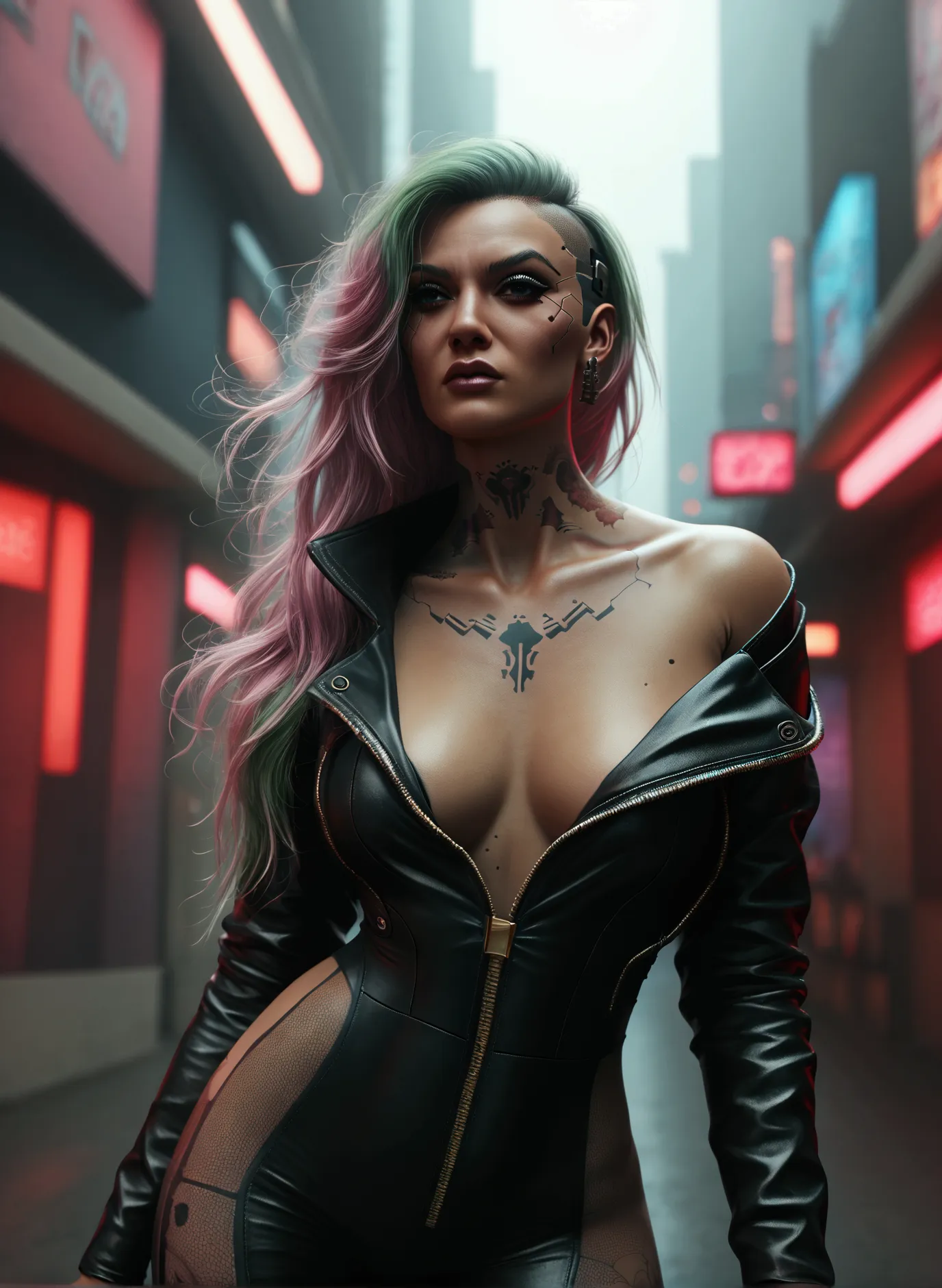 blond woman in leather outfit posing in a city street, inspired by hedi xandt, in cyberpunk city, beautiful cyberpunk woman mode...